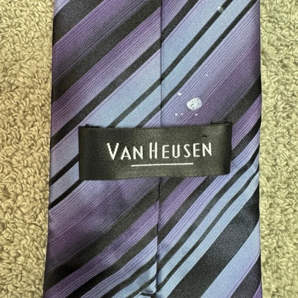 Van Heusen Mens Purple Black Striped Silk Necktie Stain Resistant Handmade Tie